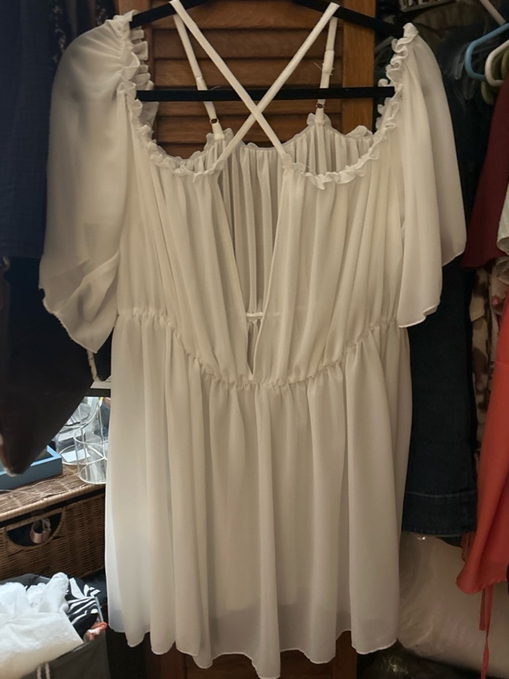 White Chiffon Off-Shoulder Sheer Top with Crossback Straps